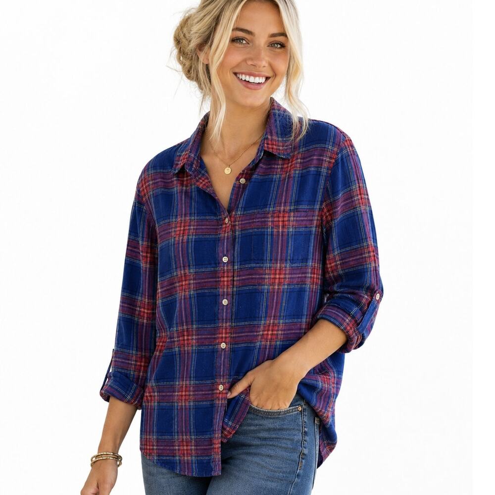 L.L. Bean Plaid Button Shirt Womens Large Petite Blue Coral Rugged Farmhouse Top